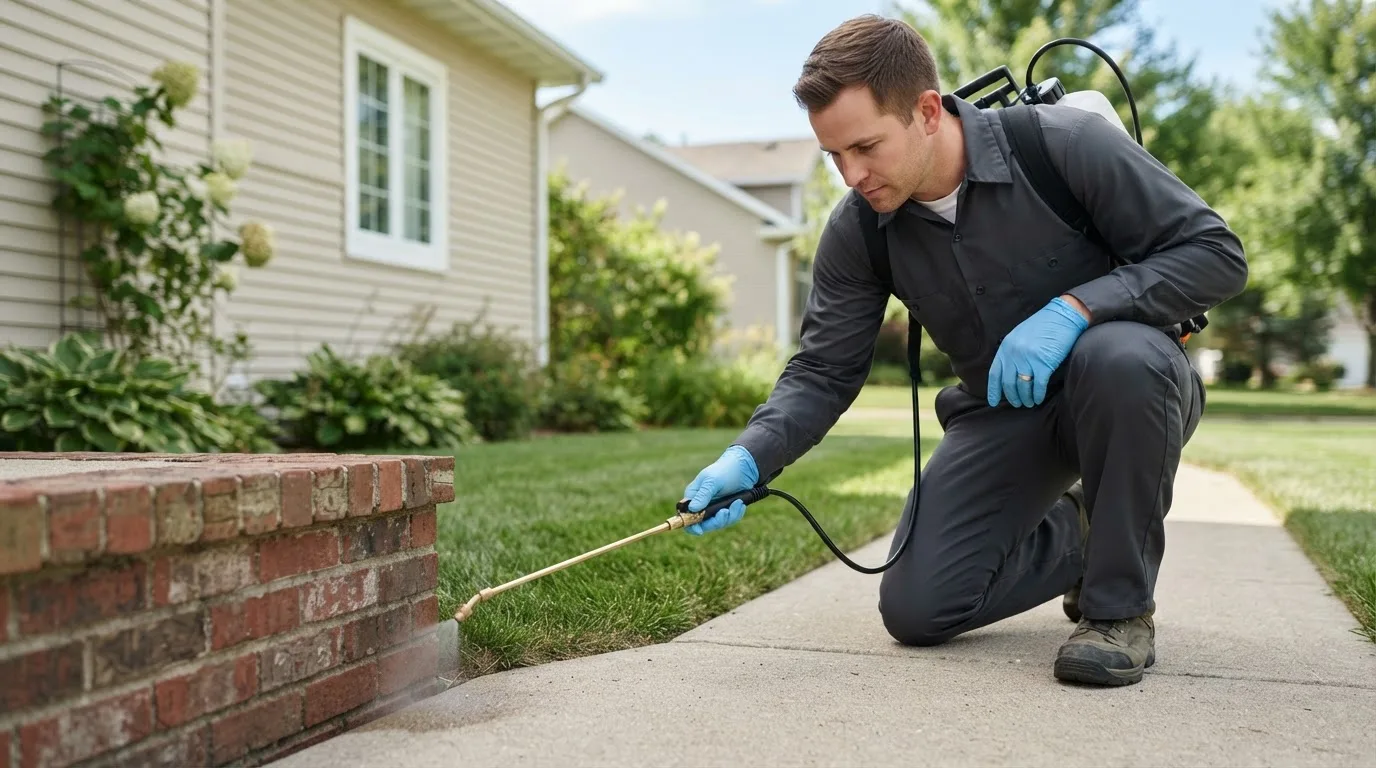 Pest control technician treating a home near Lewellen, NE