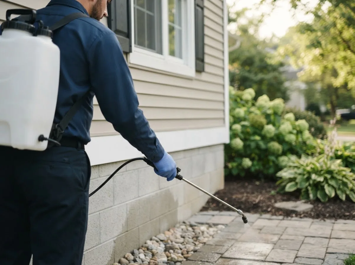 Pest control technician inspecting a home in Lewellen, NE